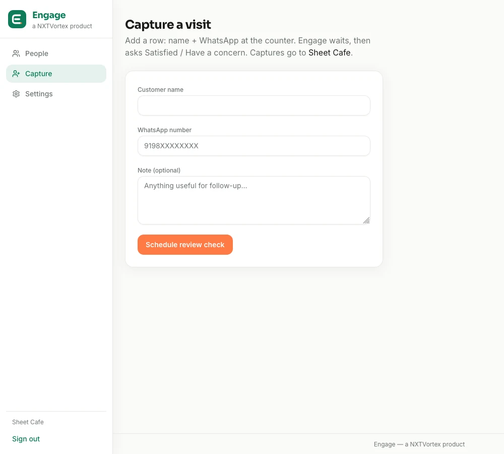 Engage capture - name and WhatsApp at the counter after a visit