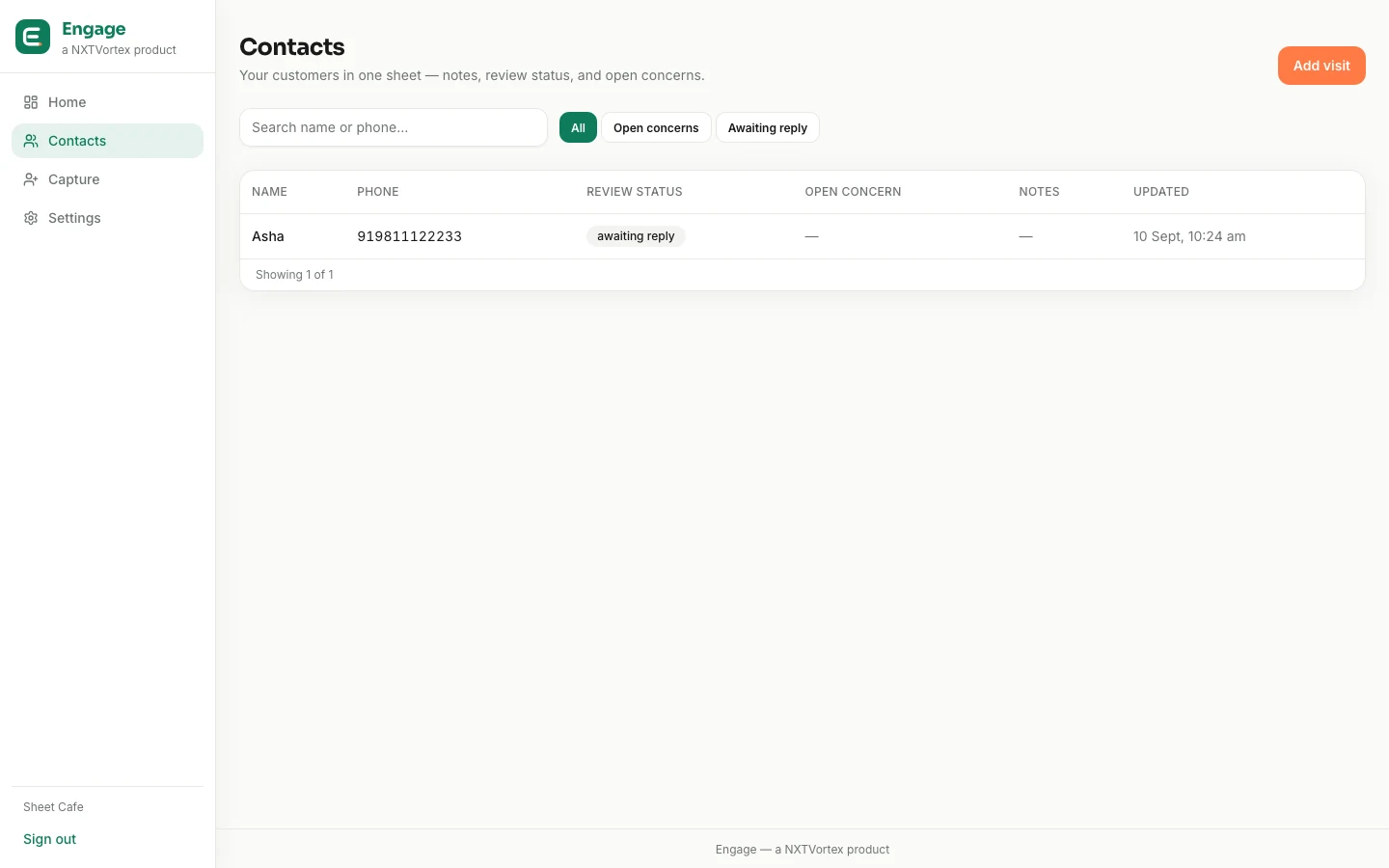 Engage contacts - recent review requests and who opened the Google review link
